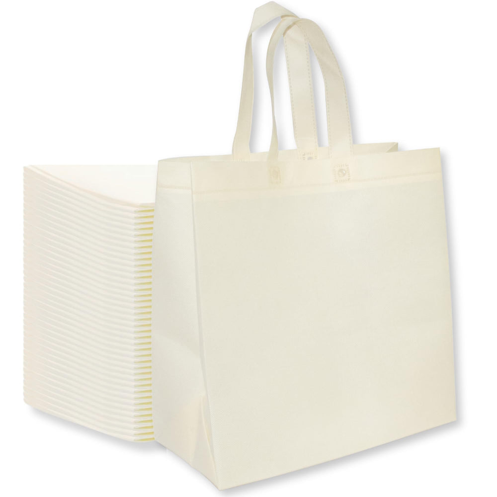 Bagways 30 PACK Reusable Grocery Bags with Handles, Durable, Foldable, Washable Eco-Friendly Shopping Totes, 14x6.5x14 Inch, Beige/Green Eco Doodles Design