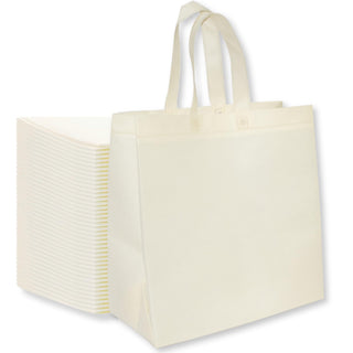 Bagways 30 PACK Reusable Grocery Bags with Handles, Durable, Foldable, Washable Eco-Friendly Shopping Totes, 14x6.5x14 Inch, Beige/Green Eco Doodles Design