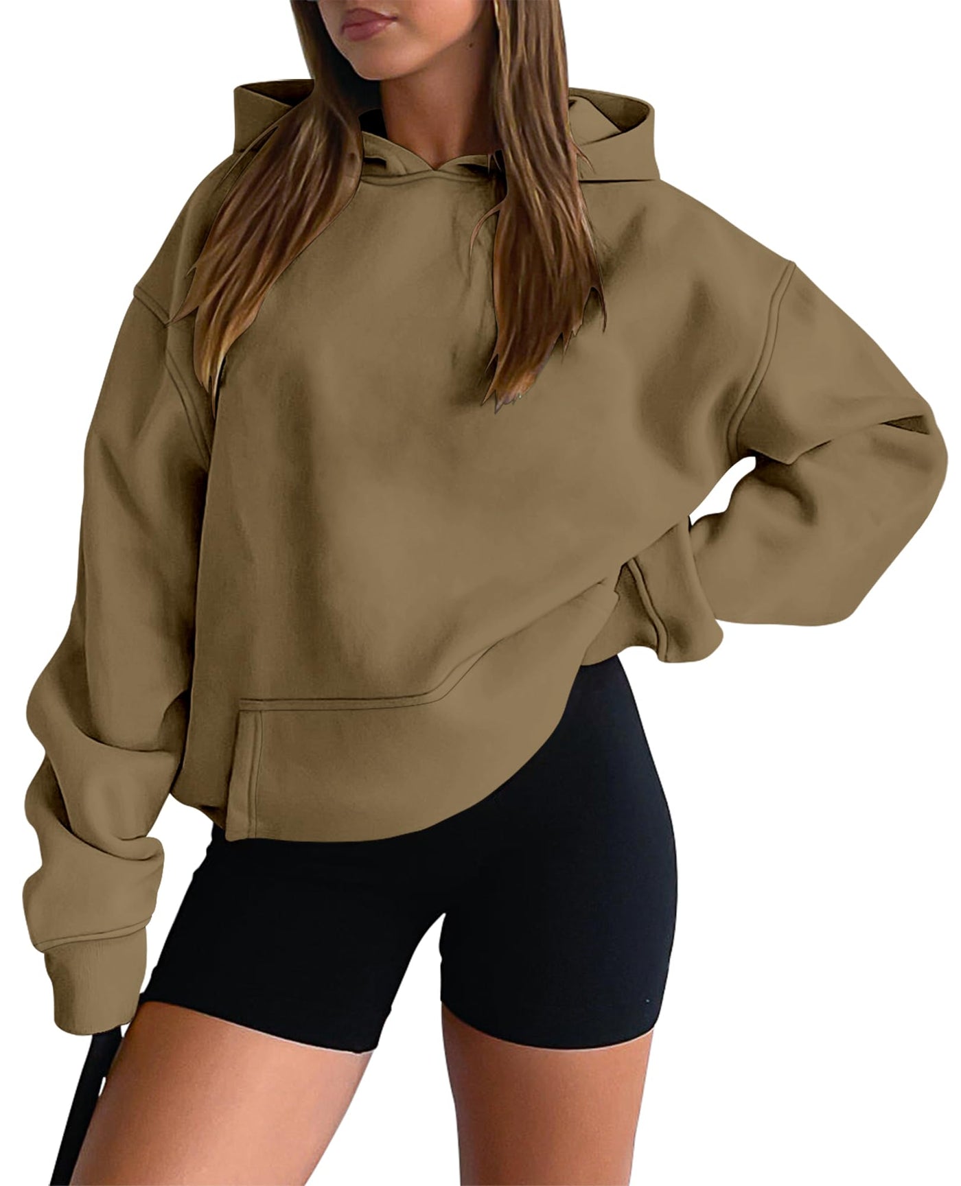 onlypuff Women Hoodies Casual Pullover Long Sleeve Sweatshirt Kangaroo Pocket Drop Shoulder Sweater