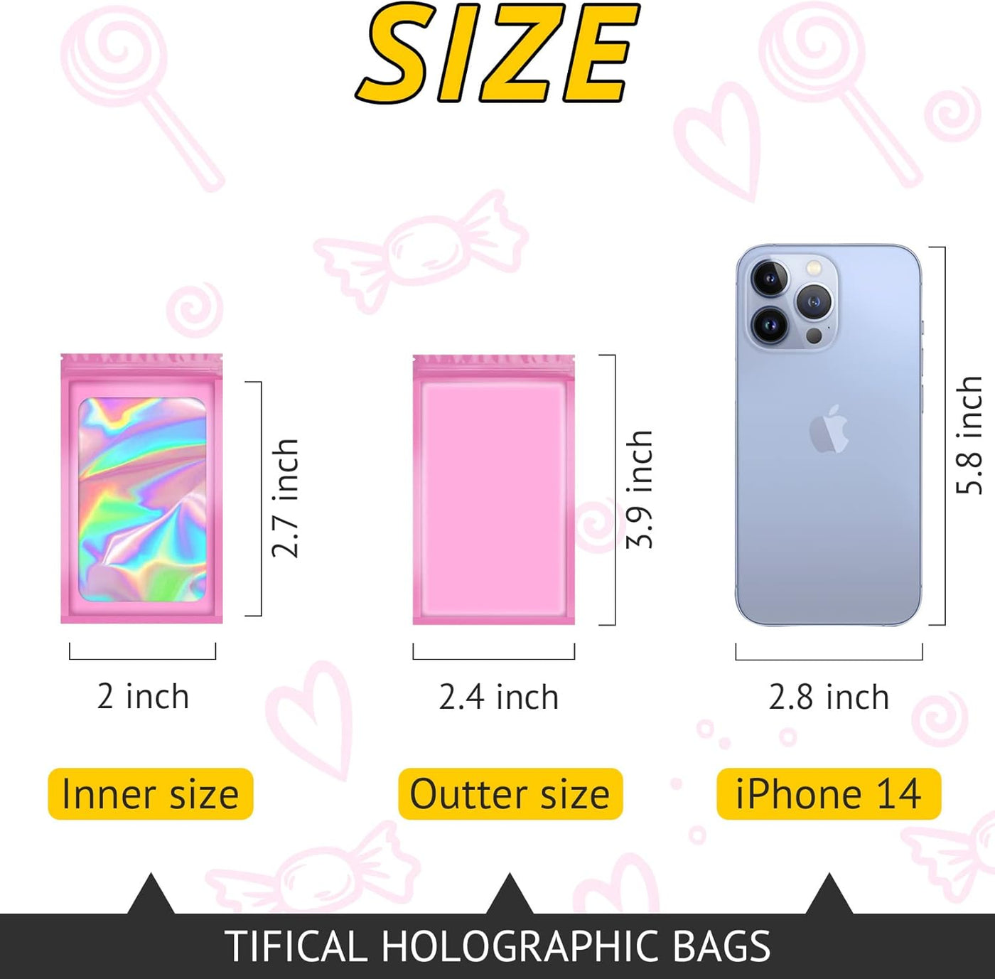 100 PCS Holographic Bags, Smell Proof Bag, Resealable Gift Bags, Clear Bags for Food Storage, Party Favor Bag, Mylar Sample Bag for Jewelry, Lipgloss, Eyelash | Pink, 2.4x3.9 Inch