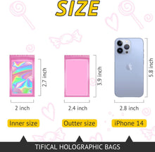 100 PCS Holographic Bags, Smell Proof Bag, Resealable Gift Bags, Clear Bags for Food Storage, Party Favor Bag, Mylar Sample Bag for Jewelry, Lipgloss, Eyelash | Pink, 2.4x3.9 Inch