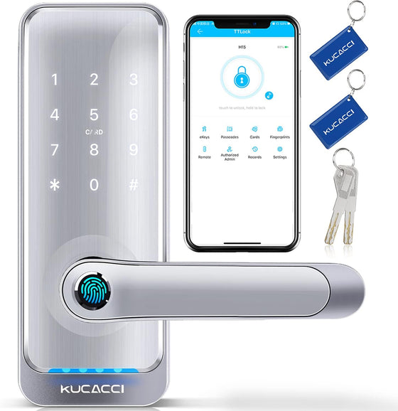 Keypad Smart Door Lock with Handle: Kucacci Keyless Entry Smart Lock for Front Door - Electronic Code for Exterior Door - Retrofit Knob Deadbolt Lock(Silver)