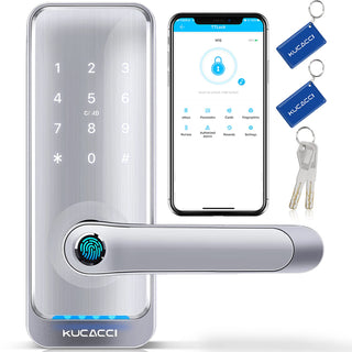 Keypad Smart Door Lock with Handle: Kucacci Keyless Entry Smart Lock for Front Door - Electronic Code for Exterior Door - Retrofit Knob Deadbolt Lock(Silver)