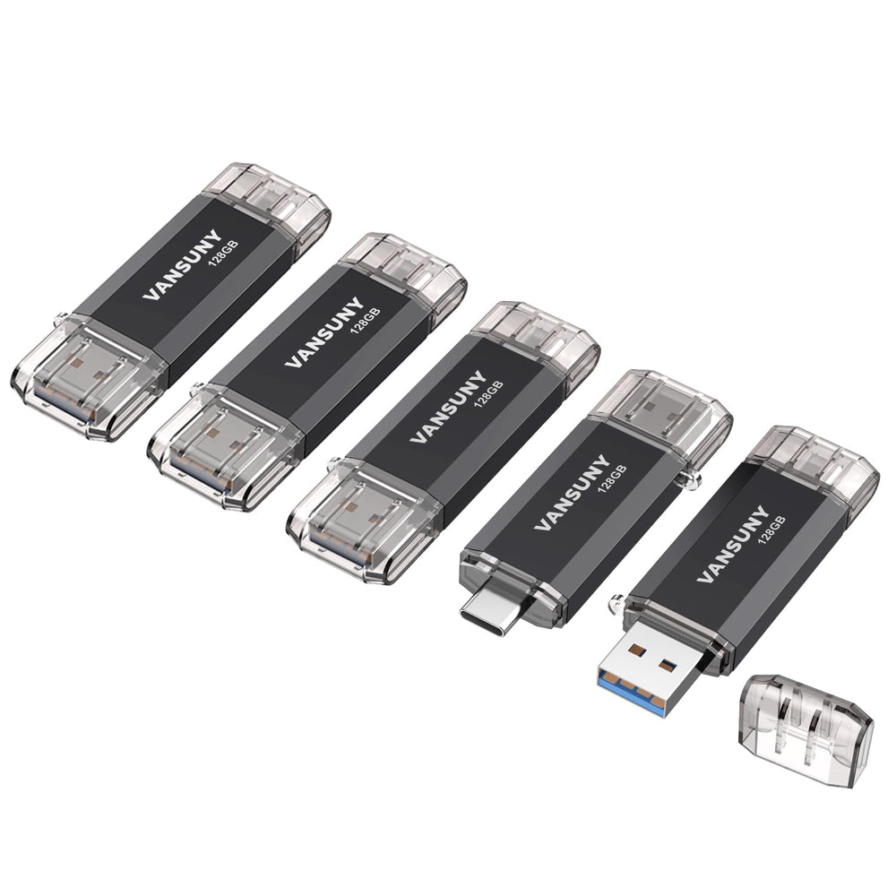 Vansuny 2 Pack 128GB USB C Flash Drive 2 in 1 OTG USB 3.0 + Tape C Memory Stick with Keychain Dual Type C Thumb Drive Photo Stick Jump Drive (Black and Silver)