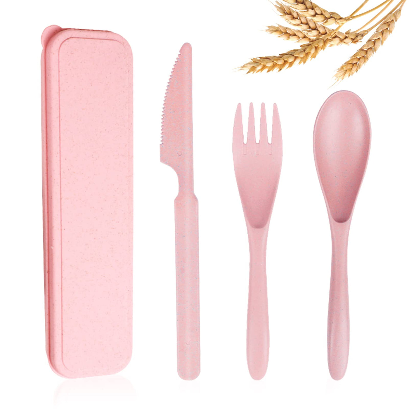 Reusable Travel Utensils Set with Case, 4 Sets Wheat Straw Portable Knife Fork Spoons Tableware, Eco-Friendly BPA Free Cutlery for Kids Adults Picnic Camping Utensils(Green, Beige, Pink, Blue)