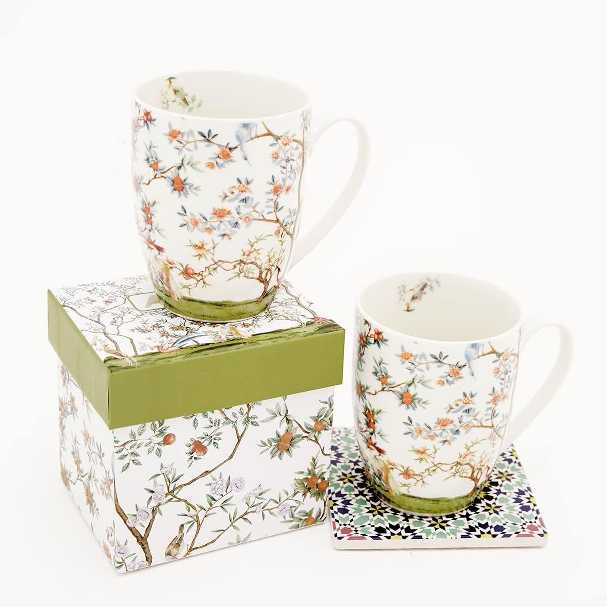 ALYC Fine China Coffee Mug Set – Bird and Branch Flower Teacup Design – 2Pack Porcelain Tea Cups with Gift Box (Bullet 12OZ)