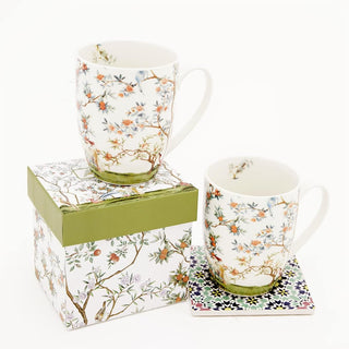 ALYC Fine China Coffee Mug Set – Bird and Branch Flower Teacup Design – 2Pack Porcelain Tea Cups with Gift Box (Bullet 12OZ)
