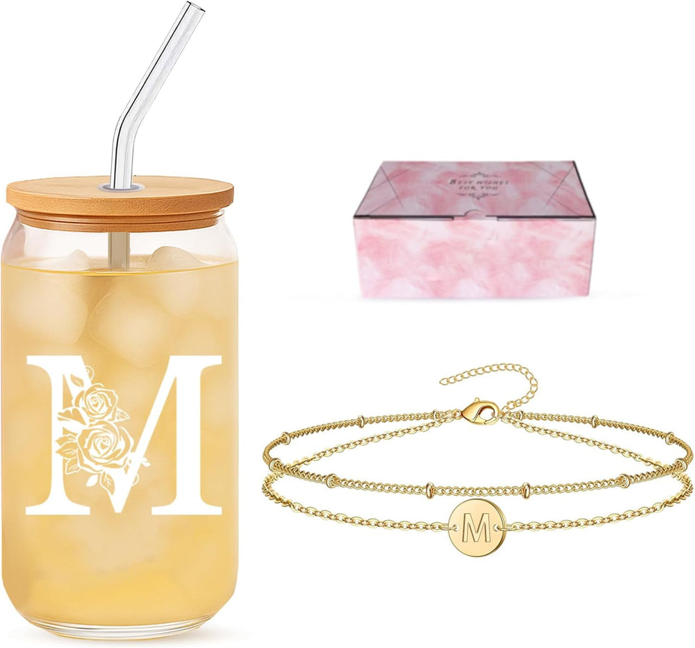 Sister Gifts for Women, Initial Glass Cup and Bracelet Gift Set, Personalized Ready to Gift Letter Keepsake for Birthday, Thank You and Just Because
