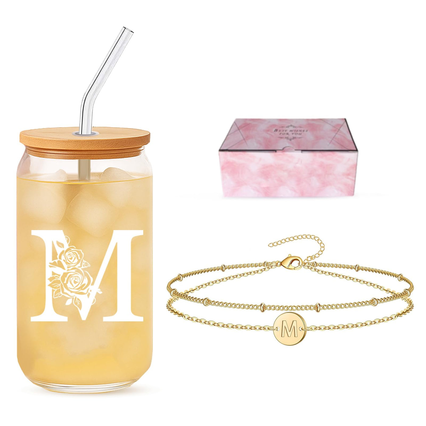 Friendship Gifts for Women, Initial Glass Cup and Bracelet Gift Set, Personalized Ready to Gift Letter Gift for Bestie, Women Friends and Special Occasions