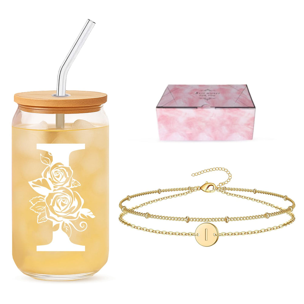 Bridesmaid Gifts for Women, Glass Cup and Bracelet Gift Set, Bridal Party Gift Box for Bridesmaid Thank You, Wedding Weekend, Bridal Shower or Proposal, Initial A