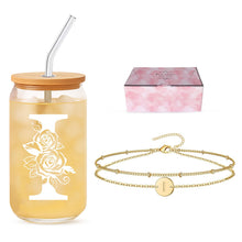 Friendship Gifts for Women, Initial Glass Cup and Bracelet Gift Set, Personalized Ready to Gift Letter Gift for Bestie, Women Friends and Special Occasions