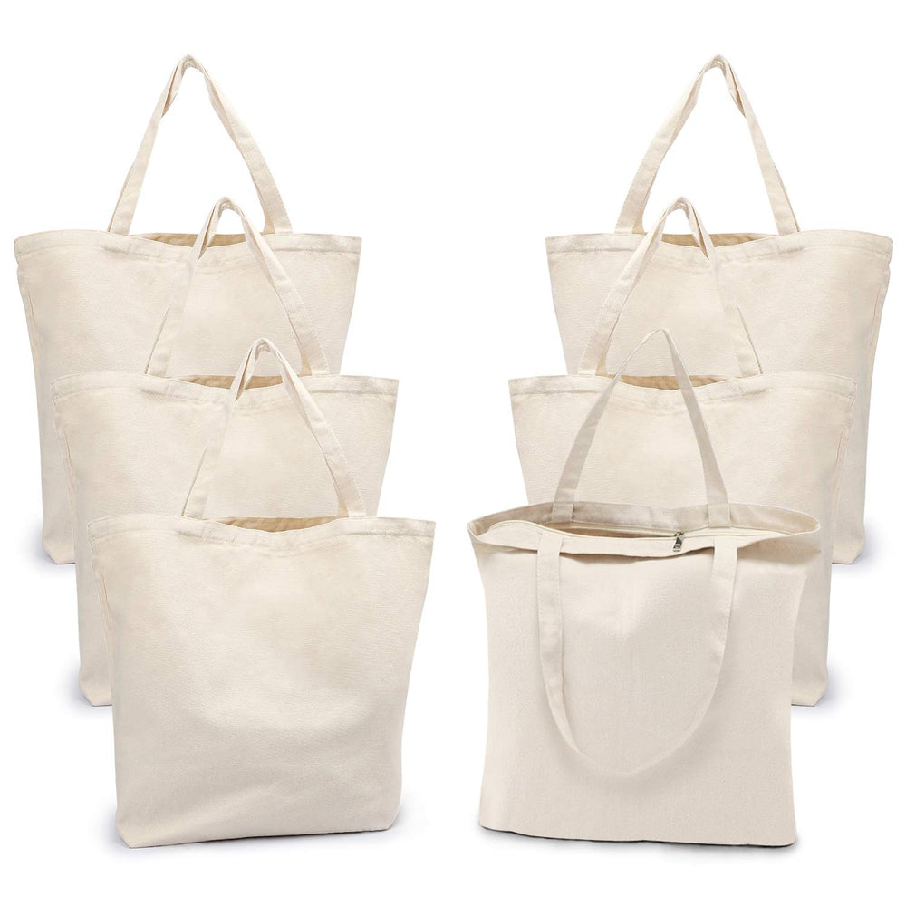 Segarty 6 Packs Canvas Tote Bag with Zipper, 16x13 inch Reusable Washable Grocery Shopping Bags with Handle Plain Canvas Totes for Women Teacher DIY Art Crafts Painting Embroidery Decoration