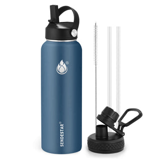 SENDESTAR Water Bottle 32oz Double Wall Vacuum Insulated Leak Proof Stainless Steel Sports Water Bottle—Wide Mouth with New Flex Straw Lid & Spout Lid (Deep Blue&Black)