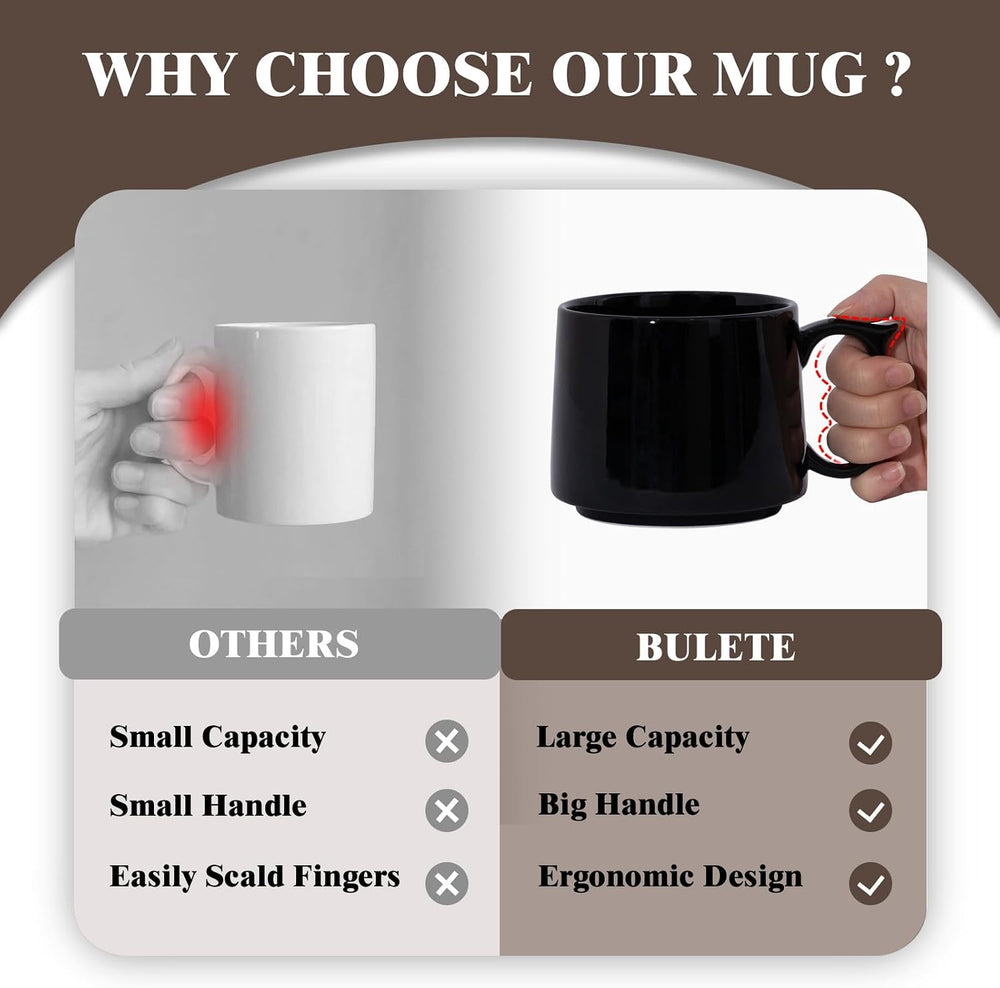 Coffee Mugs Gift Set of 4, Large 19 oz Stackable Ceramic Coffee Mug, Coffee Cups with Large Handle for Latte, Cappuccino, Milk, Tea, Dishwasher & Microwave Safe, Ideal for Men, Women - Black