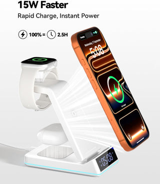 2026 Upgraded Wireless Charging Station, 7 in 1 Wireless Charger Station Foldable Charger Stand with Night Light/Alarm Clock for iPhone 17-12 Pro Max Plus, Apple Watch, AirPods Gifts for Fathers Day