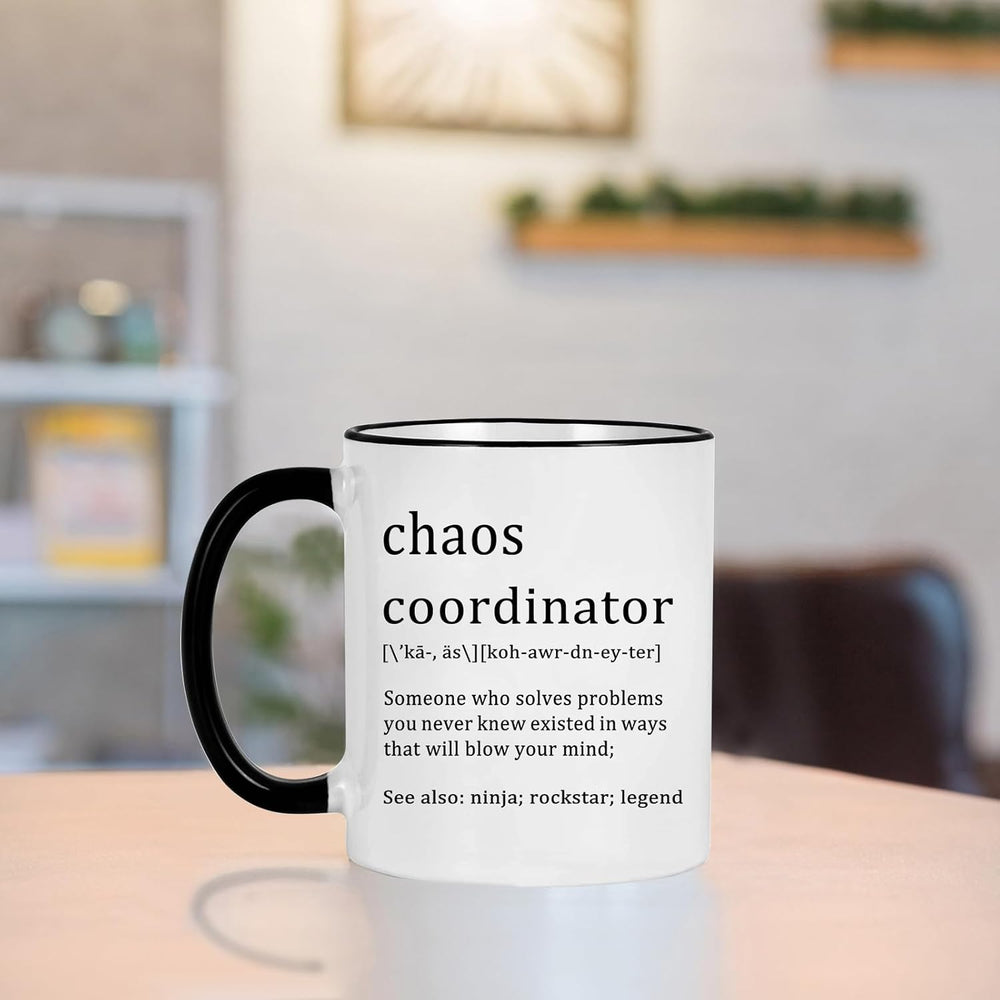 Chaos Coordinator Mug - Office Gift for Boss, Coworkers, Women, Friends - Funny Coffee Mug for Christmas, White Elephant - 11 Ounce Black Handle