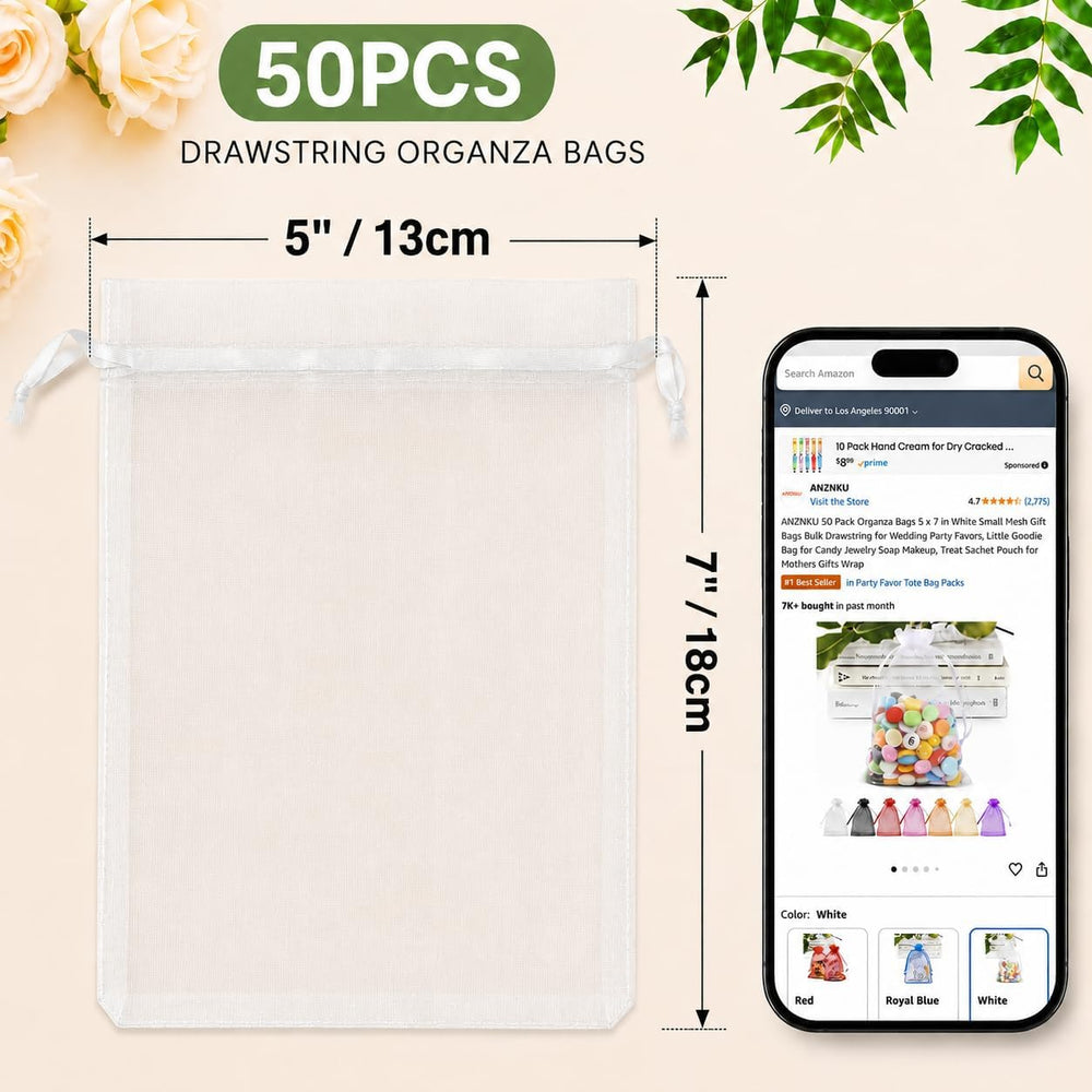 ANZNKU 50 Pack Organza Bags 5 x 7 in White Small Mesh Gift Bags Bulk Drawstring for Wedding Party Favors, Little Goodie Bag for Candy Jewelry Soap Makeup, Treat Sachet Pouch for Baby Shower Graduation