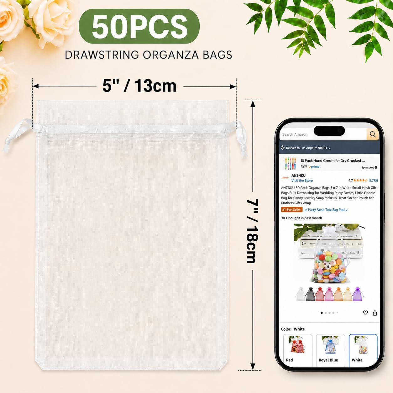 ANZNKU 50 Pack Organza Bags 5 x 7 in White Small Mesh Gift Bags Bulk Drawstring for Wedding Party Favors, Little Goodie Bag for Candy Jewelry Soap Makeup, Treat Sachet Pouch for Baby Shower Graduation