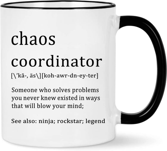Chaos Coordinator Mug - Office Gift for Boss, Coworkers, Women, Friends - Funny Coffee Mug for Christmas, White Elephant - 11 Ounce Black Handle