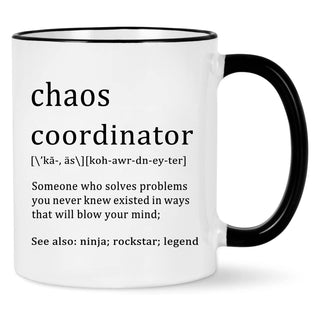 Chaos Coordinator Mug - Office Gift for Boss, Coworkers, Women, Friends - Funny Coffee Mug for Christmas, White Elephant - 11 Ounce Black Handle