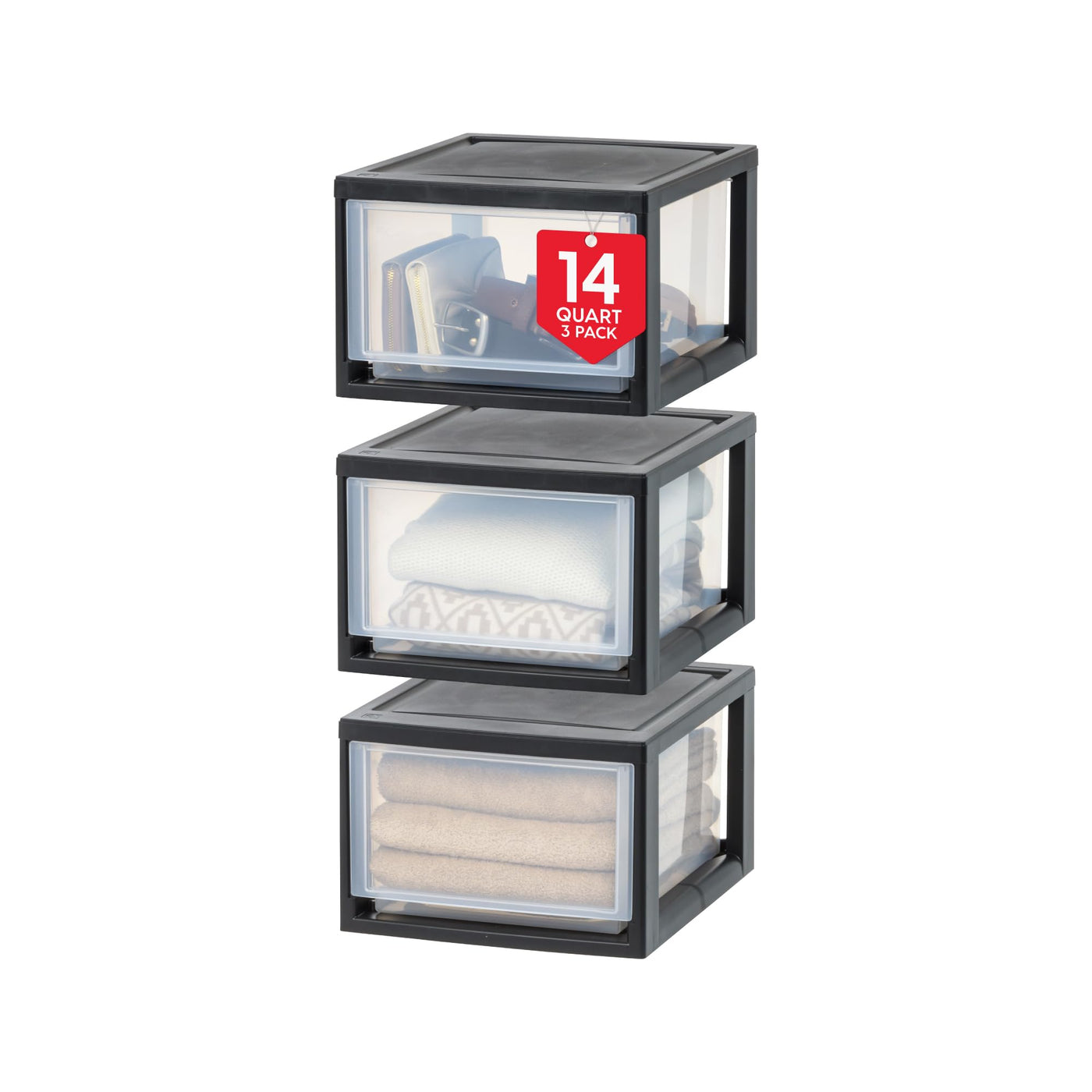 IRIS USA 6 Qt. Plastic Drawer Storage Organizer Stacking Drawers, 2-Pack, Stackable Unit with Sliding Drawer for Bedroom Kitchen Under Sink Pantry Craft Room Bathroom Dorm Office, Black