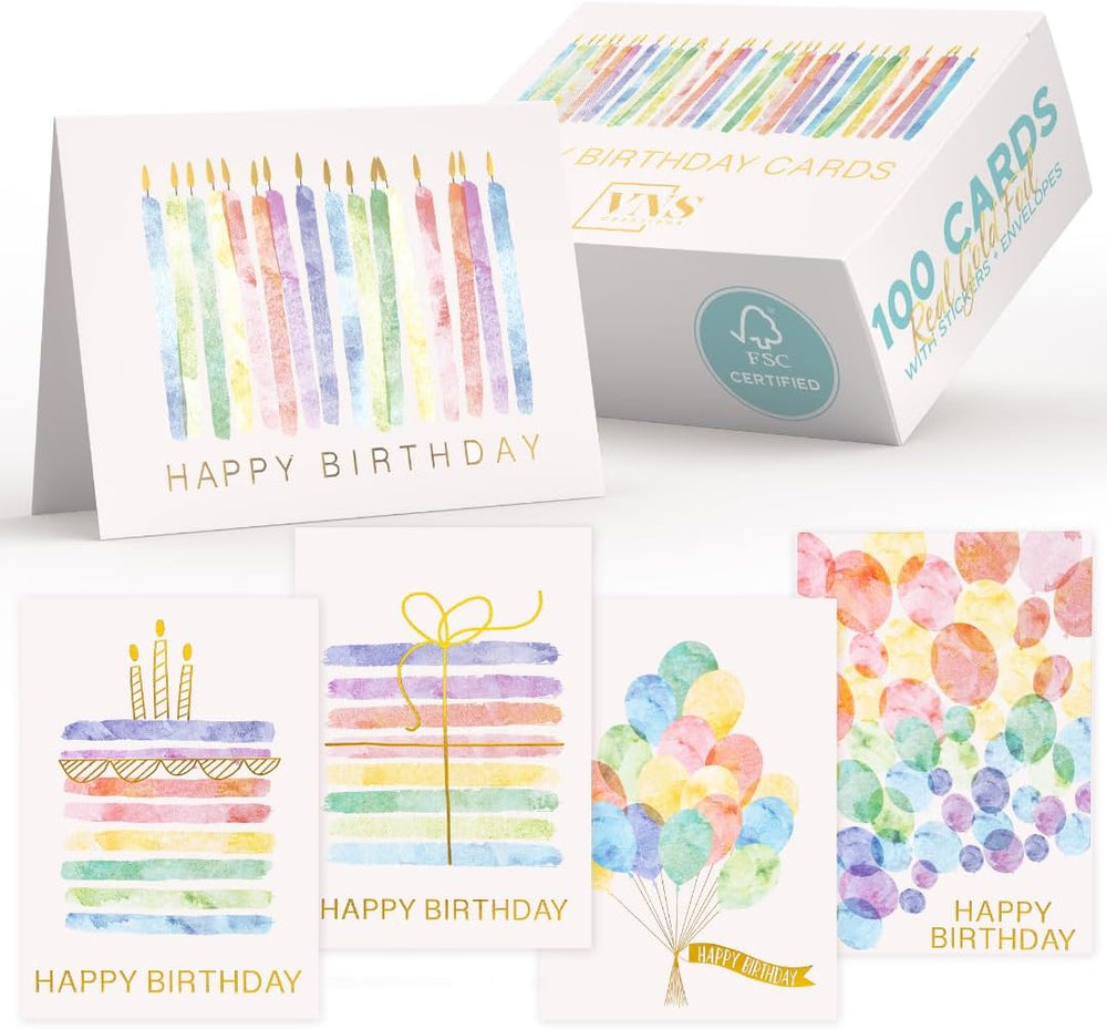 VNS Creations 100 Pack 4x6 Happy Birthday Cards Bulk with Envelopes & Stickers - Boxed, Blank Inside, Variety, Office Party - Assorted Birthday Greeting Note Cards Assortment Box for Kids & Adults