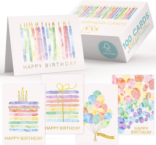 VNS Creations 100 Pack 4x6 Happy Birthday Cards Bulk with Envelopes & Stickers - Boxed, Blank Inside, Variety, Office Party - Assorted Birthday Greeting Note Cards Assortment Box for Kids & Adults