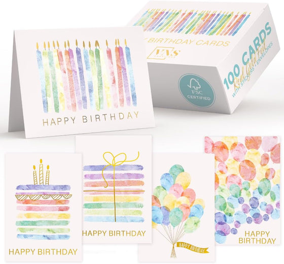 VNS Creations 100 Pack 4x6 Happy Birthday Cards Bulk with Envelopes & Stickers - Boxed, Blank Inside, Variety, Office Party - Assorted Birthday Greeting Note Cards Assortment Box for Kids & Adults