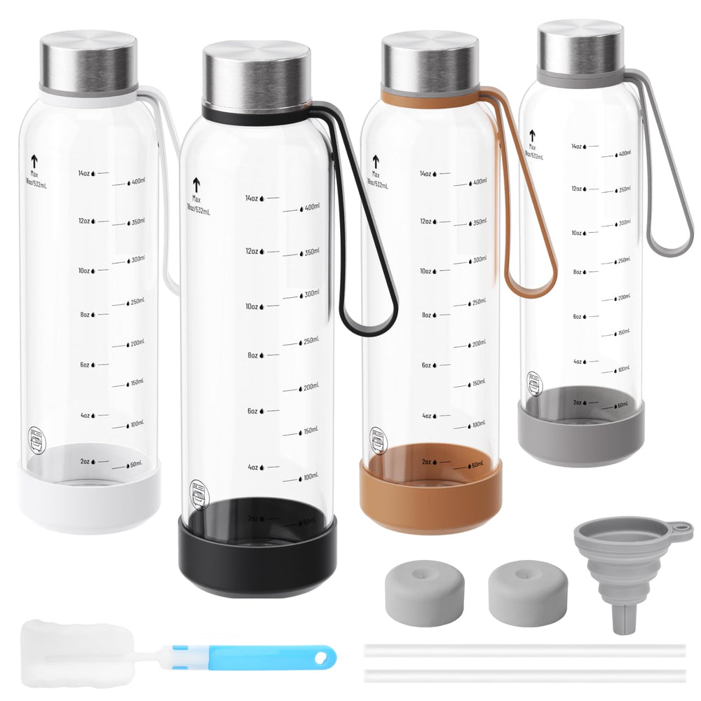 Sursip 18oz Glass Water Bottle Set of 6, Clear glass juice bottle for juicing，Reusable Drinking Bottles with Stainless Steel Lid，Beverage Storage Containers for Refrigerator-BPA Free，Leak Proof