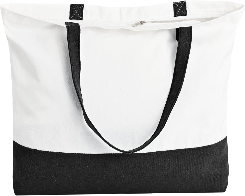 12 Pack Canvas Tote Bags with Zipper, HWJH Blank Reusable Grocery Bags, Widened Washable Bag with Inner Pocket, Shopping Travel Large Tote Bag for DIY Heat Transfer, Christmas Craft Gift (Black/White)