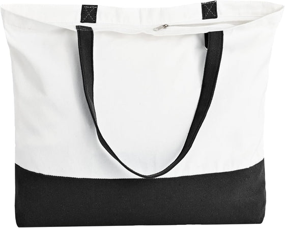 12 Pack Canvas Tote Bags with Zipper, HWJH Blank Reusable Grocery Bags, Widened Washable Bag with Inner Pocket, Shopping Travel Large Tote Bag for DIY Heat Transfer, Christmas Craft Gift (Black/White)