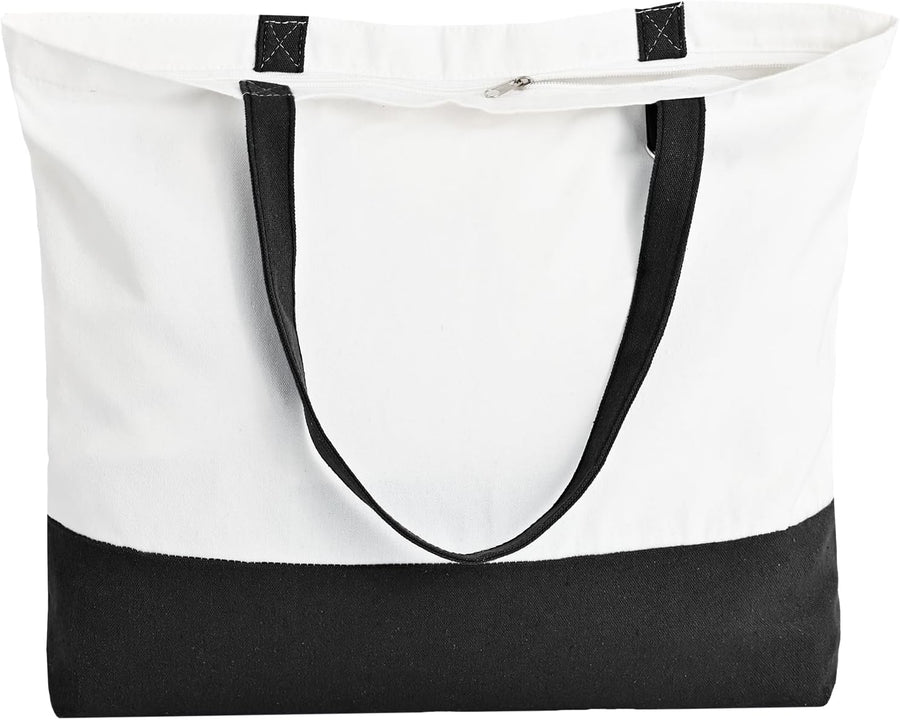 12 Pack Canvas Tote Bags with Zipper, HWJH Blank Reusable Grocery Bags, Widened Washable Bag with Inner Pocket, Shopping Travel Large Tote Bag for DIY Heat Transfer, Christmas Craft Gift (Black/White)