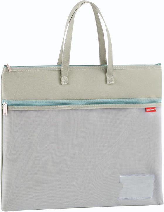 Pendancy Mesh Zipper Pouch A4 Size, Large Double Pocket Waterproof File Bag with Handle, 11x13.8 in Foldable Document Storage for Puzzle Project/Cross Stitch/Travel/Office（Advanced Green）