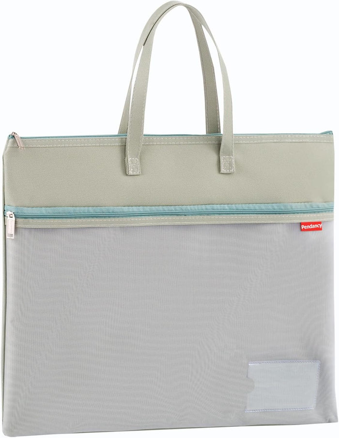 Pendancy Mesh Zipper Pouch A4 Size, Large Double Pocket Waterproof File Bag with Handle, 11x13.8 in Foldable Document Storage for Puzzle Project/Cross Stitch/Travel/Office（Advanced Green）
