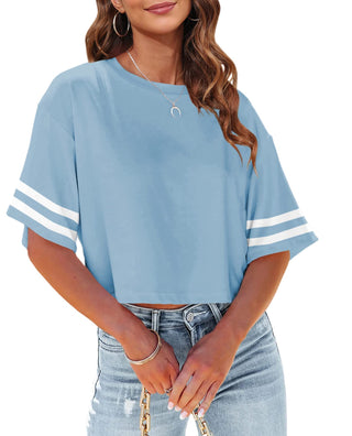 Tankaneo Women Half Sleeve Cropped T-Shirts Drop Shoulder Round Neck Crop Tops Casual Summer Solid Color Basic Tees
