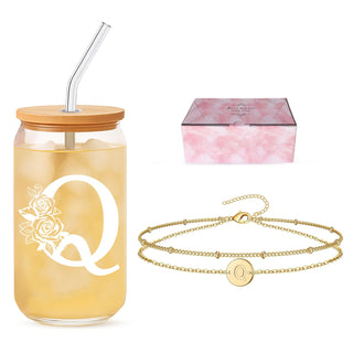 Friendship Gifts for Women, Initial Glass Cup and Bracelet Gift Set, Personalized Ready to Gift Letter Gift for Bestie, Women Friends and Special Occasions