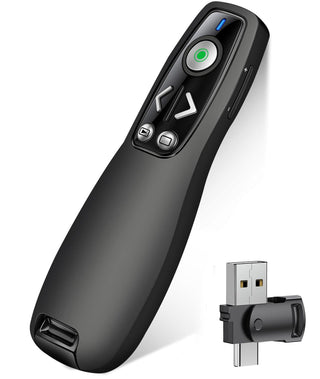 Presentation Clicker with USB-A & USB-C Receiver, 2.4GHz Wireless Presenter Remote with Volume Control & Red Light Pointer, Clicker for PowerPoint Slides Slide Advancer for Mac Computer, Plug & Play