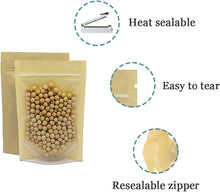 PABCK 50 Pcs Clear Front Stand Up Airtight 3.9x5.9inch Brown Kraft Paper for Zip Food Storage Lock Bags Reclosable Zipper Resealable Heat Seal Pouch Coffee Snack Packaging (Usable Size 3.1x3.3 inch)