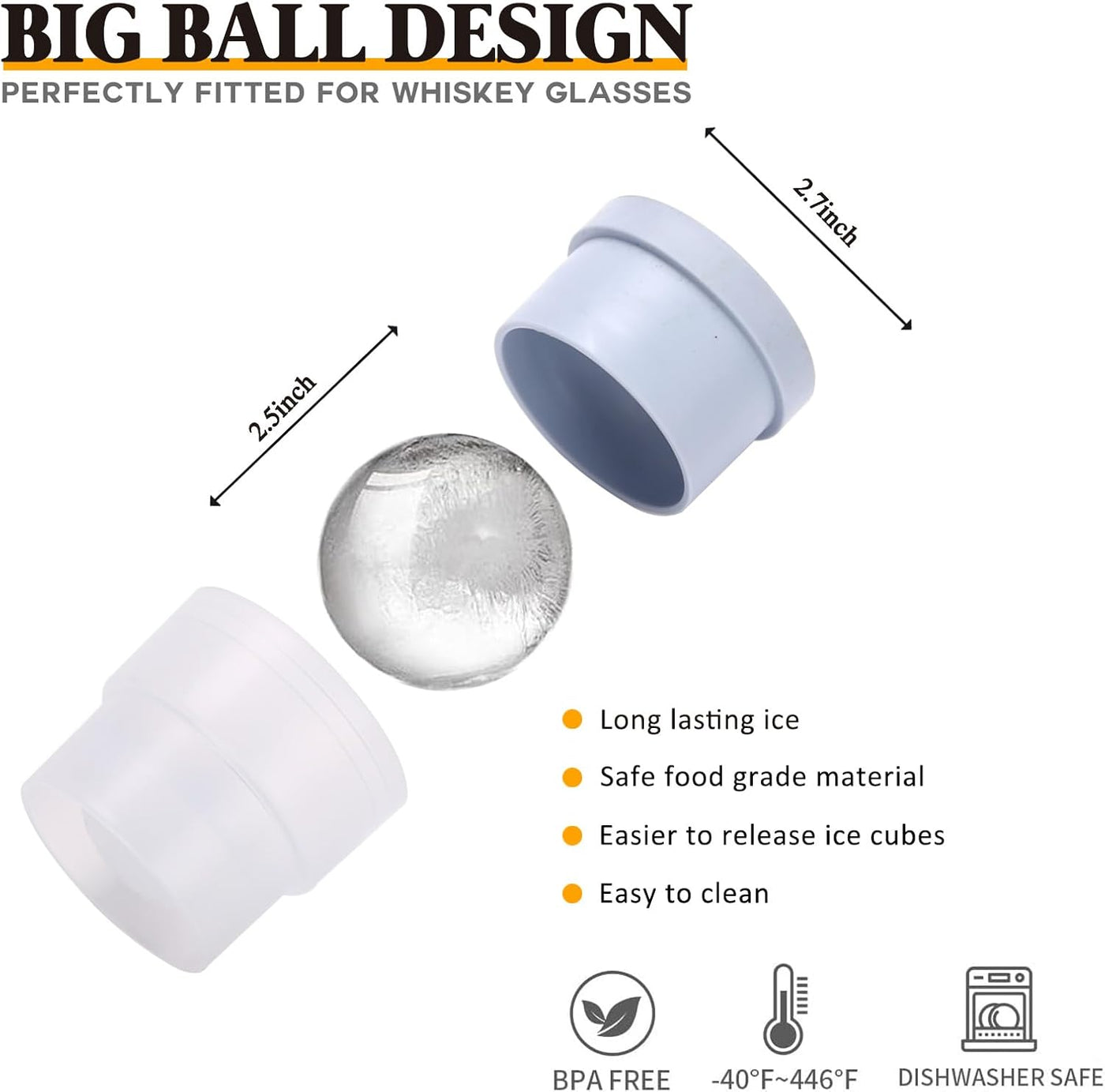 Whiskey Rocks Glass Set In Gift Box - Includes 2 Crystal Bourbon Glasses and 2 Big Ice Ball Molds - 10 Oz Old Fashioned Glasses for Scotch, Cocktails, Rum, Cognac, Vodka - Unique Gift for Men