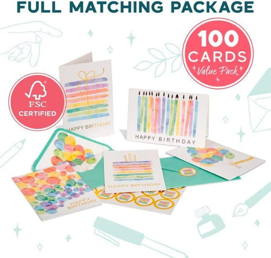 VNS Creations 100 Pack 4x6 Happy Birthday Cards Bulk with Envelopes & Stickers - Boxed, Blank Inside, Variety, Office Party - Assorted Birthday Greeting Note Cards Assortment Box for Kids & Adults - hover image