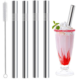 Vinaco Stainless Steel Smoothie Straws, 0.4'' Extra Wide Reusable Metal Drinking Straws for Milkshake, Smoothie, Beverage, Set of 4 with 1 Cleaning Brush