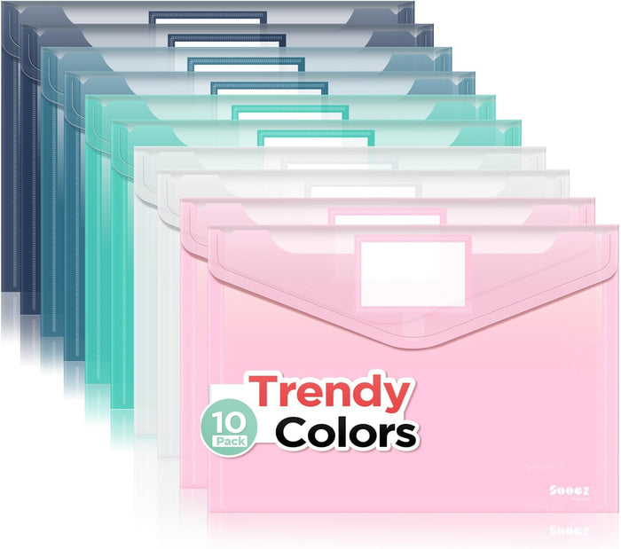 Sooez 10Pack Plastic Envelopes, Plastic File Folders, Clear Folders for Documents Trendy Colors, Super Heavyweight Document Holders, Storage Pouches, File Envelopes for School Office Supplies