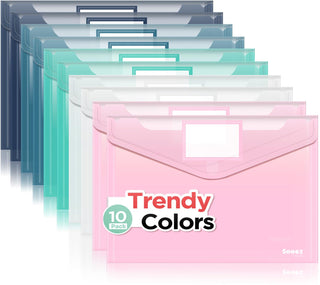 Sooez 10Pack Plastic Envelopes, Plastic File Folders, Clear Folders for Documents Trendy Colors, Super Heavyweight Document Holders, Storage Pouches, File Envelopes for School Office Supplies