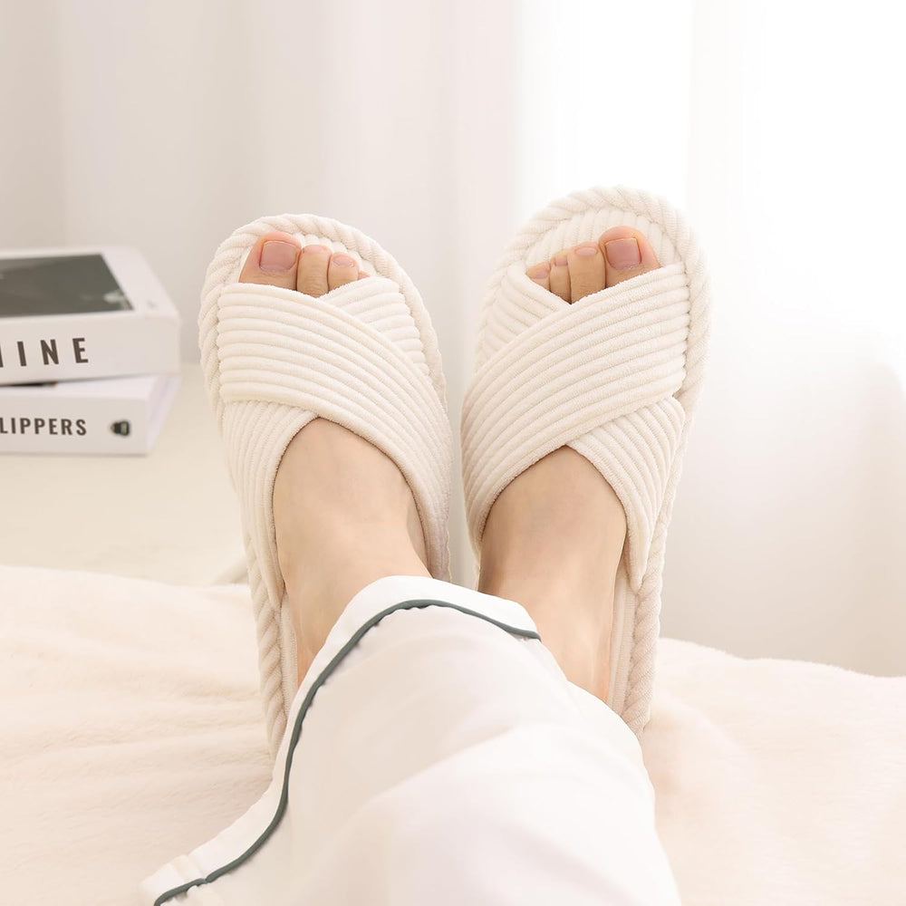 Evshine House Slippers for Women Memory Foam Bedroom Slippers Corduroy Open Toe Slides Shoes Indoor and Outdoor