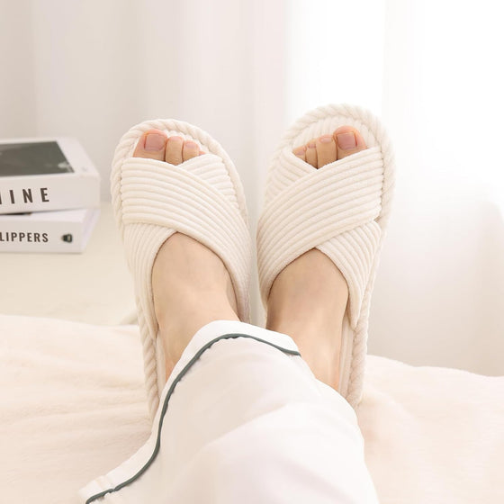 Evshine House Slippers for Women Memory Foam Bedroom Slippers Corduroy Open Toe Slides Shoes Indoor and Outdoor - hover image