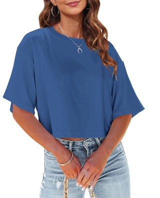 Tankaneo Women Half Sleeve Cropped T-Shirts Drop Shoulder Round Neck Crop Tops Casual Summer Solid Color Basic Tees