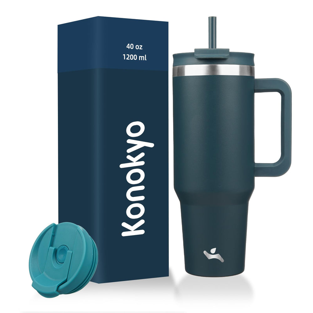 Konokyo 40 oz Tumbler with Handle and 2 Straws,2 in 1 Lid Insulated Water Bottle Stainless Steel Travel Coffee Mug,Mint