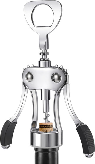 KORCCI Wine Opener, Heavy-Duty Zinc Alloy Wing Corkscrew, Premium Beer Bottle Opener, Multifunctional Wine Accessories with Ergonomic Handle and Sharp Screw, for Kitchen, Bar, Restaurant (SILVER)
