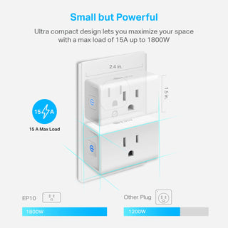 Kasa Smart Plug Ultra Mini 15A, Smart Home Wi-Fi Outlet Works with Alexa, Google Home, No Hub Required, UL Certified, 2.4G WiFi Only, 2 Count (Pack of 1)(EP10P2) , White