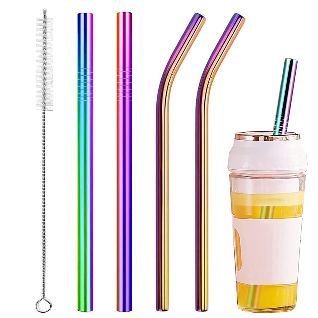 Vinaco Stainless Steel Smoothie Straws, 0.4'' Extra Wide Reusable Metal Drinking Straws for Milkshake, Smoothie, Beverage, Set of 4 with 1 Cleaning Brush